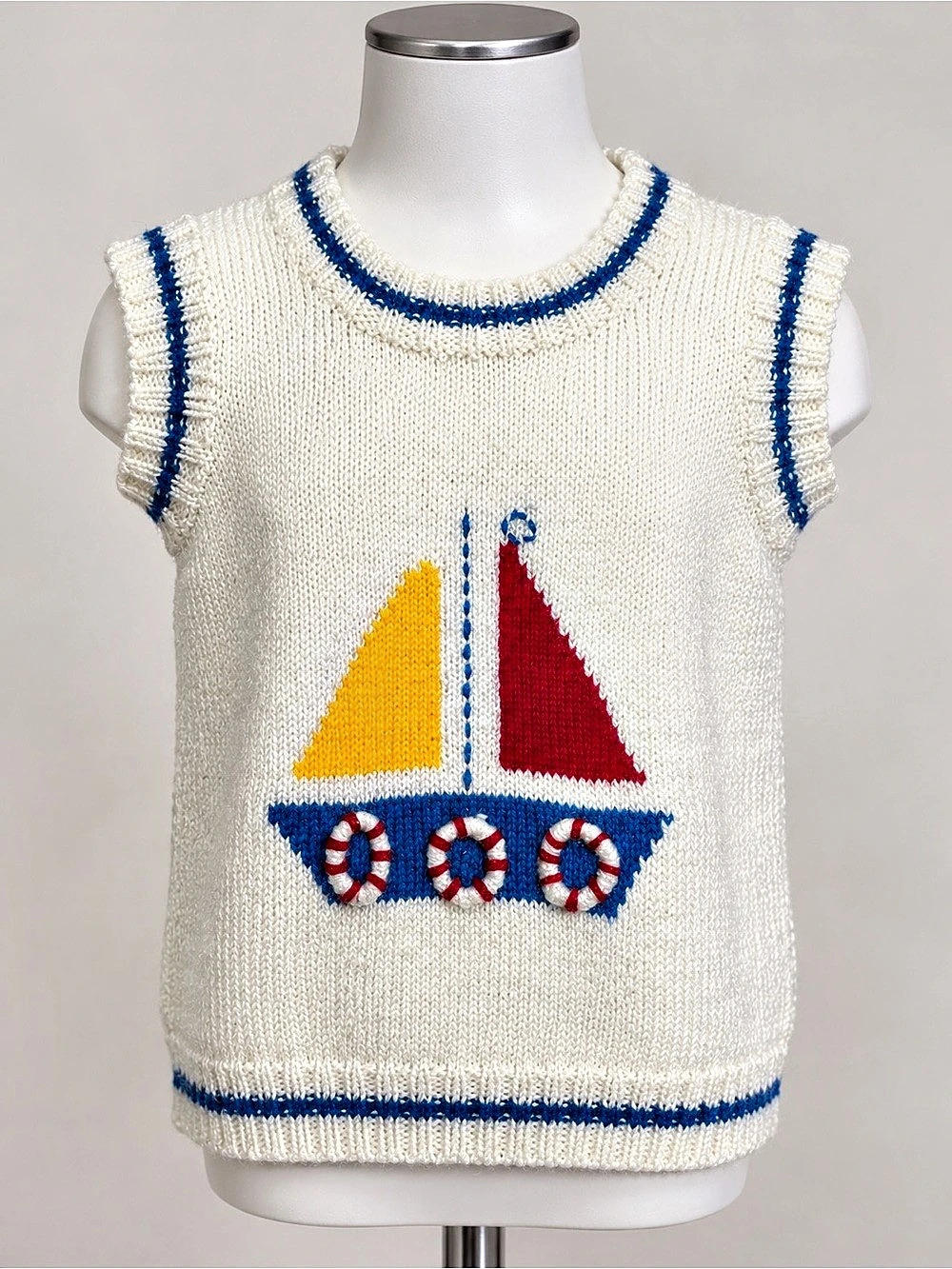 Unbranded Kids Nautical Sailboat Knit Vest Cream Blue Retro Sweater 5T